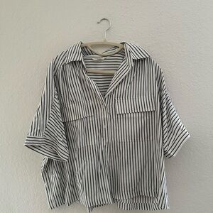Max Studio Grey & White Vertical Stripe Short-Sleeve Shirt